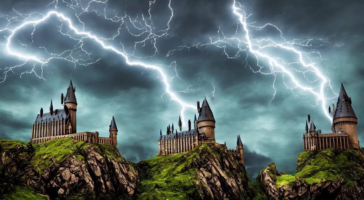 Image similar to slytherin harry potter flying with his wand forward. hogwarts castle and lightning strikes in the background. bad weather