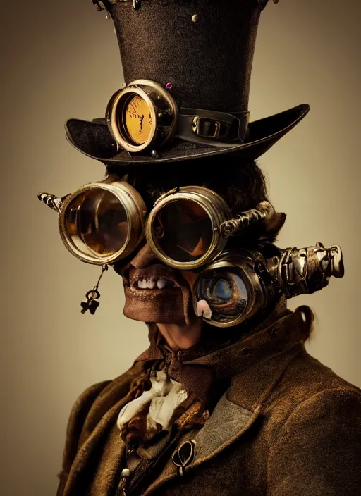 Image similar to closeup portrait of a steampunk medieval goblin wearing a top hat and goggles, depth of field, zeiss lens, detailed, symmetrical, centered, fashion photoshoot, by Annie Leibovitz and Steve McCurry, David Lazar, Jimmy Nelsson, Breathtaking, 8k resolution, extremely detailed, beautiful, establishing shot, artistic, hyperrealistic, beautiful face, octane render