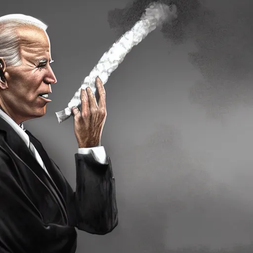 Image similar to joe biden smoking a giant rolled joint, smoke, amazing detail, realistic digital art, artstation