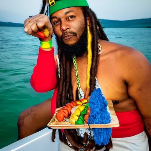 Image similar to rastafarian on a boat with a hotdog