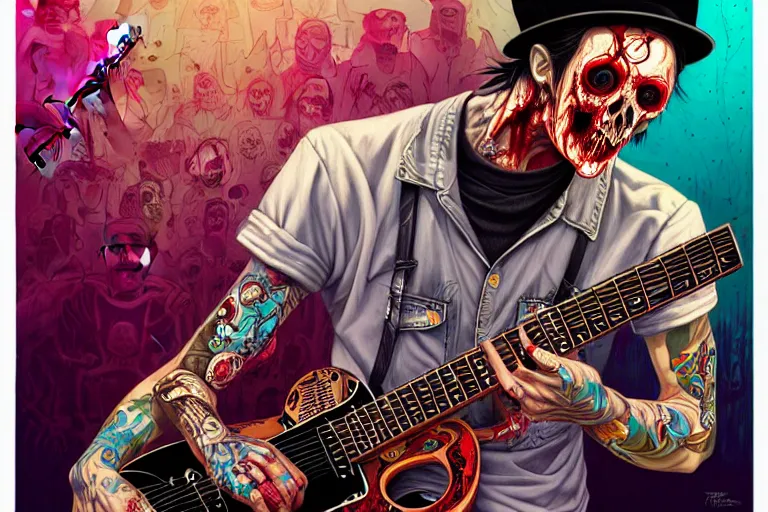 Image similar to zombie punk guitar player, tristan eaton, victo ngai, artgerm, rhads, ross draws, intricated details, 3 / 4 view, full body portrait