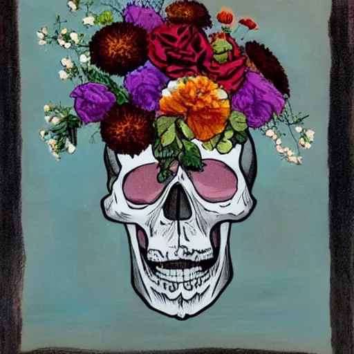 Prompt: skull as a vase of flowers