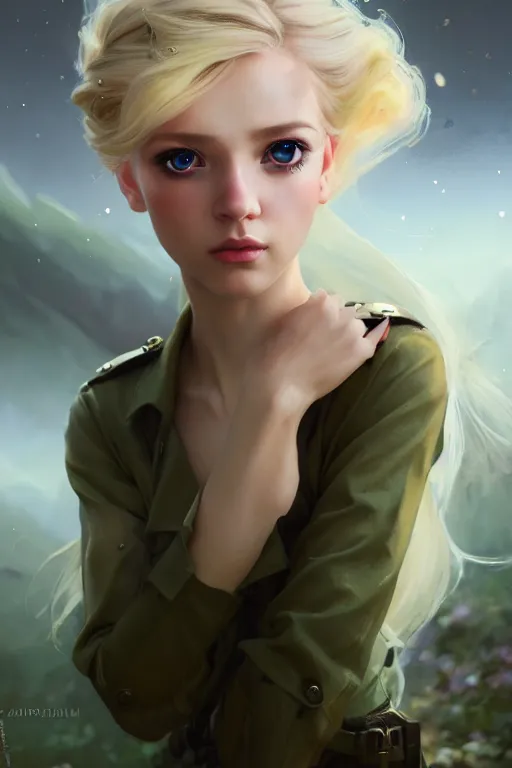 Prompt: cinematic shot of an epic portrait of a cute blonde fairy dressed in military clothes, stylised military clothes, shiny skin, beautiful eyes, beautiful, small details, night setting, realistic poster with volumetric light from craig mallism, artgerm, jeremy lipkin and michael garmash, unreal engine, radiant light, digital art, trends at art station, a masterpiece