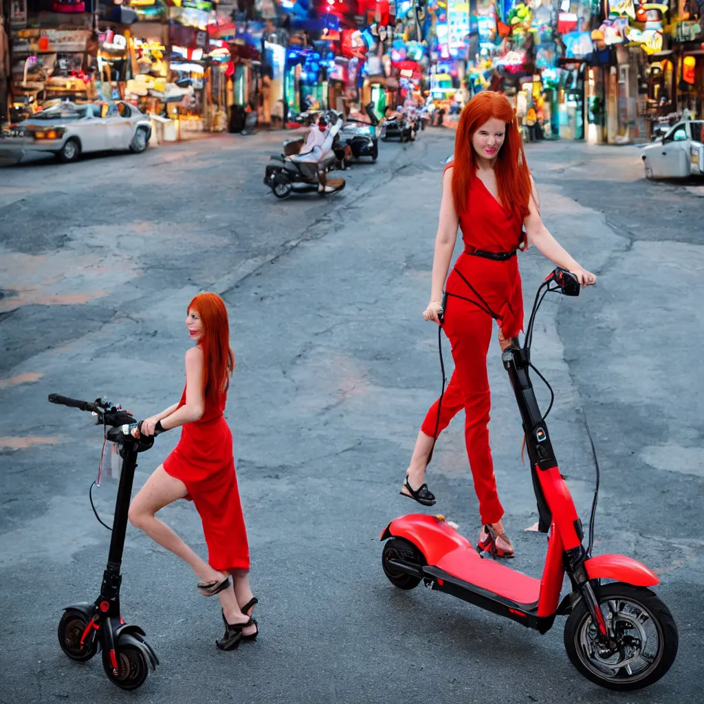 Prompt: redhead woman nearby electric scooter on neon street
