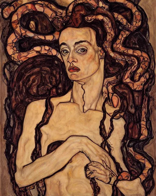 Prompt: portrait of a powerful medusa with many pythons by egon schiele in the style of greg rutkowski