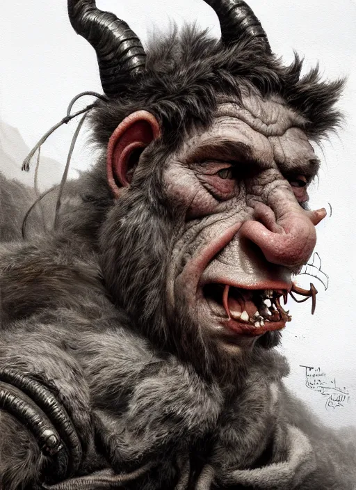 Prompt: close up portrait of a underweight troll in the mountains of hell, oil painting by tomasz jedruszek, cinematic lighting, pen and ink, intricate line, hd, 4 k, million of likes, trending on artstation