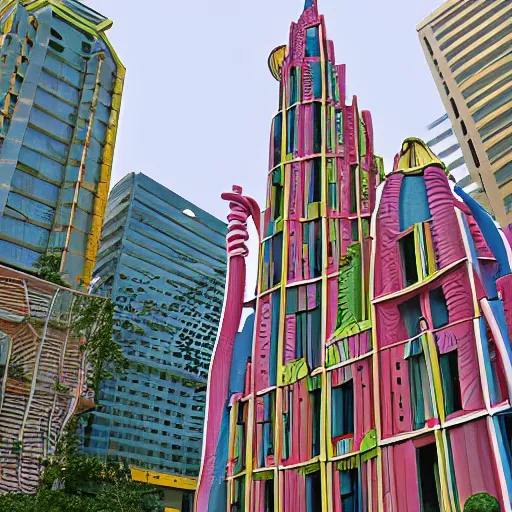 Image similar to building by dr seuss, with towers, bridges, stairs, childrens book