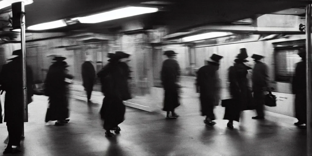 Prompt: cooks in long hats in the subway, by richard avedon, ominous lighting, tri - x pan stock