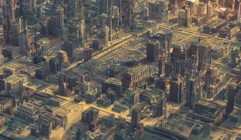 Image similar to large group people in simple warehouse, looking at hologram of futuristic downtown on a table, cinematic concept art, godrays, golden hour, natural sunlight, 4 k, clear details, tabletop model buildings, center model tall buildings, hologram center, crane shot, crane shot, crane shot, clear details, windows