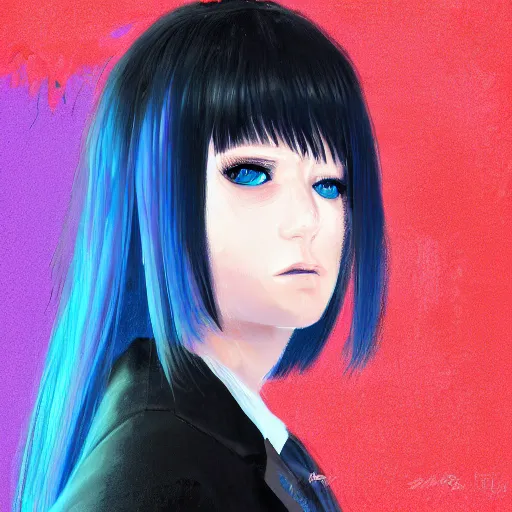 Prompt: full face shot of rimuru tempest, sky blue straight hair, long bangs, with amber eyes, wearing a fancy black jacket, high collar, ultra detailed, brush strokes, digital painting, cinematic, wlop artstation, closeup, pixiv, intense, intimidating glare, photorealistic, overpowering, andy warhol,