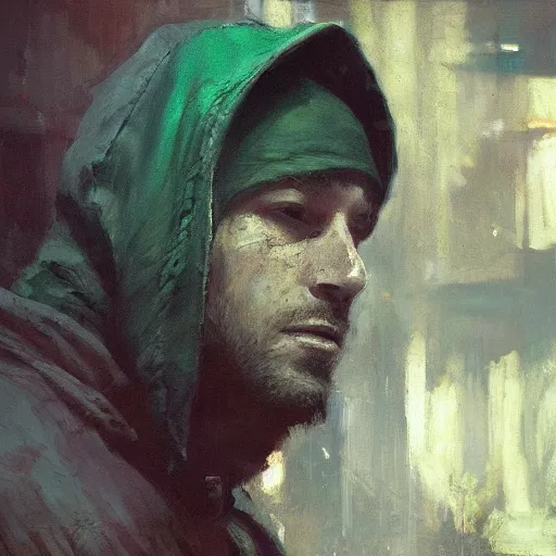 Image similar to portrait of a lost chad programmer with green hood by jeremy mann, dramatic lighting, close up