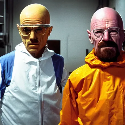 Willy Wonka with Walter White dressed in hazmat suits, Stable Diffusion