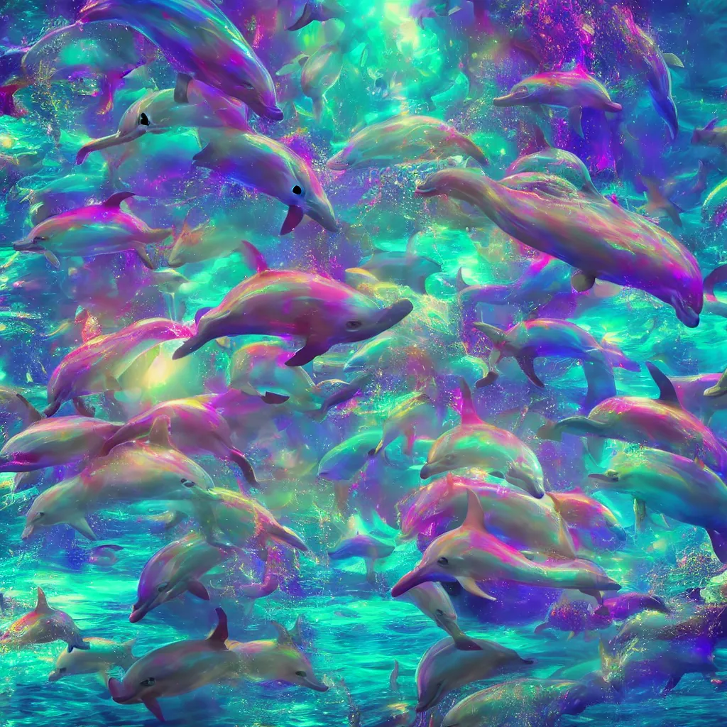 Prompt: magical psychedelic dolphins diving in dmt psychedelic universe liquid, octane render, 8k, extremely detailed