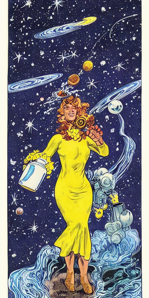 Image similar to a woman in a dress made of outer space pouring water from a vase into the milky way, by joe madura, by art adams.