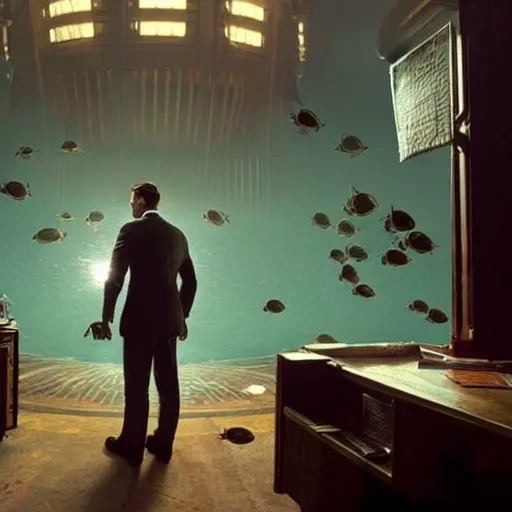 Image similar to a highly detailed cinematic photo from a live - action bioshock movie. andrew ryan, portrayed by ryan gosling, is shown standing in a 1 9 3 0's office with a large desk in front of a floor - to - ceiling window looking out onto the underwater city of rapture shining in the distance, several fish are shown outside of the window