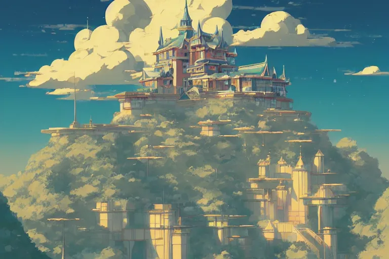 Image similar to retro - futurism anime castle on a mountain in clouds with lots of details look from above rule of thirds golden ratio, fake detail, trending pixiv fanbox, acrylic palette knife, style of makoto shinkai studio ghibli genshin impact james gilleard greg rutkowski chiho aoshima