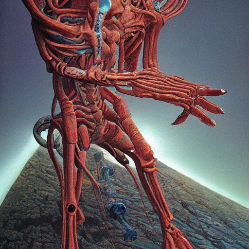 Image similar to painting of an alien spaceship made of flesh and exoskeleton, in the style of wayne barlowe