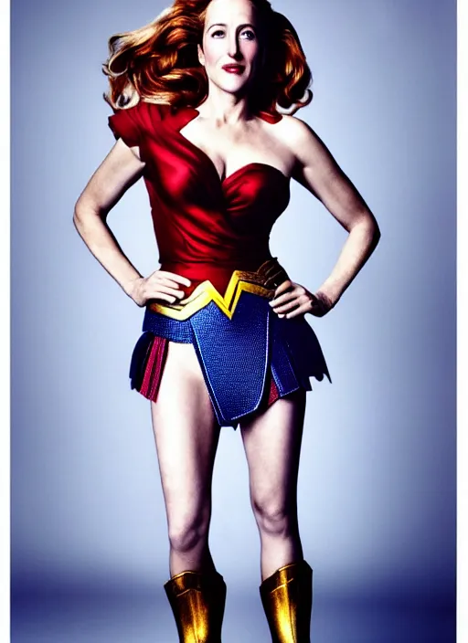 Image similar to full length photo of a gorgeous Gillian Anderson dressed as wonder woman by Mario Testino, detailed, head shot, award winning, Sony a7R