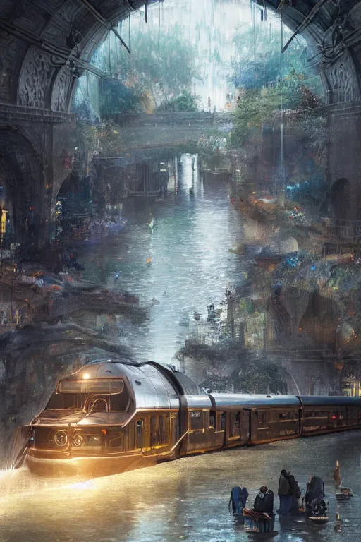 Prompt: An urban train rides inside of a waterway on a fantasy city, next to a fountain and a mystical palace,, waterfall, intricate, elegant, volumetric lighting, digital painting, highly detailed, artstation, sharp focus, illustration, concept art, ruan jia, steve mccurry