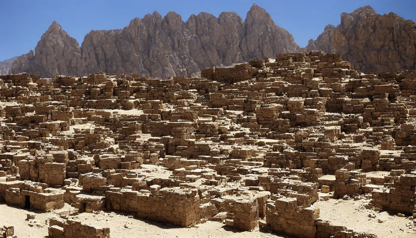 Prompt: an ancient egyptian town in the dolomites mountains, pyramids
