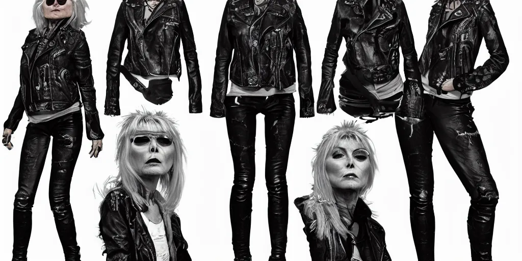 Prompt: debbie harry wanderer with tattooed arms and legs wearing a scratched leather and ripped aviator leather jeans, wearing a short black jacket with rusty medals on it, character sheet, head details, props, concept design, contrast, kim jung gi, greg rutkowski, trending on artstation, 8 k, full body, turnaround, ultra wide angle, pincushion lens effect