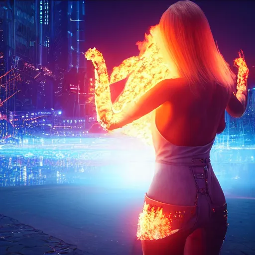 Prompt: beautiful young blonde russian woman from back with flames dancing on her hands with very long jacket in cyberpunk city, realistic, high definition, 4K, shimmering color, art of unreal engine 5 H 1280