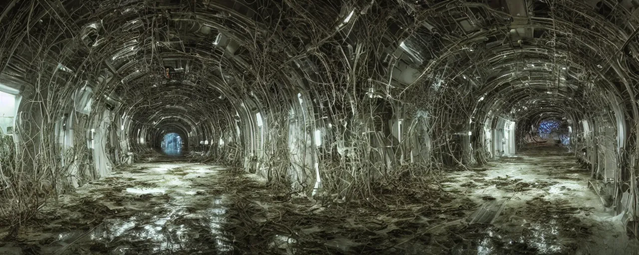 Prompt: Film still of an overly lit bright corridor on an alien space ship, overexposed, white shiny metal walls, strip lighting, ventilation shafts, clean, neutral lighting, white light, very white, water dripping, puddles, wet floor, rust, decay, vines, overgrown, alien plants, tilted camera angle, a mysterious creature in the distance, wide-angle lens vanishing point, year 3000, Cinestill colour cinematography, anamorphic, giger