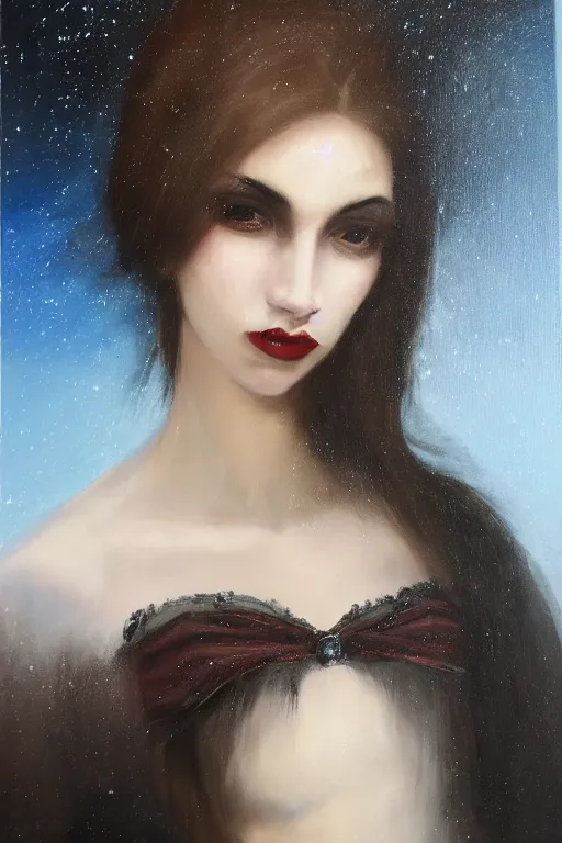 Prompt: by inci eviner oil painting, close - up portrait of european medieval brunette vampire fashion model, knight, steel gradient mixed with nebula sky, in style of baroque