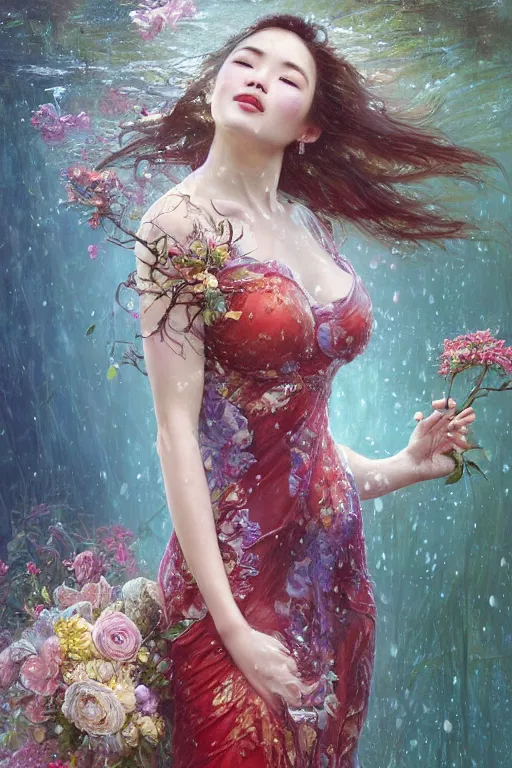 Prompt: portrait of a beautiful woman wearing a cheongsam dress, holding a bouquet of flowing flowers, drenched body, wet dripping hair, emerging from the water, fantasy, regal, fractal crystal, fractal gems, by stanley artgerm lau, greg rutkowski, thomas kindkade, alphonse mucha, loish, norman rockwell