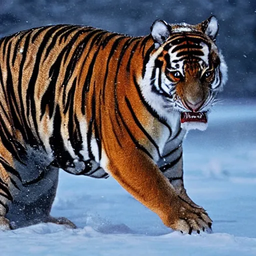 Image similar to A shark tiger hybrid in the Arctic snow. A creature that is half tiger half shark. National Geographic photograph