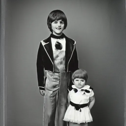 Image similar to a vintage 1 9 7 0 s photograph of a mother and her son posing in fancy dress. this is a professional photograph taken in a photographer's studio.