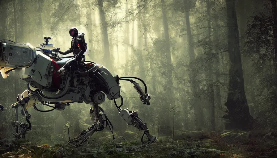 Image similar to american astronaut in the forest riding a mechanical robot horse, objects well lit, plants environment, wide angle, cinematic lighting, atmospheric, realistic, octane render, highly detailed, color graded, in the style of craig mullins