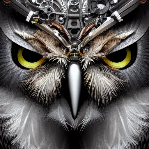 Prompt: detailed portrait of a mechanic owl, watch on his head, feathers from mechanical watch parts, in half a turn, hyper detailed, stylistic, symmetrical, 3 d render, 8 k, octane render