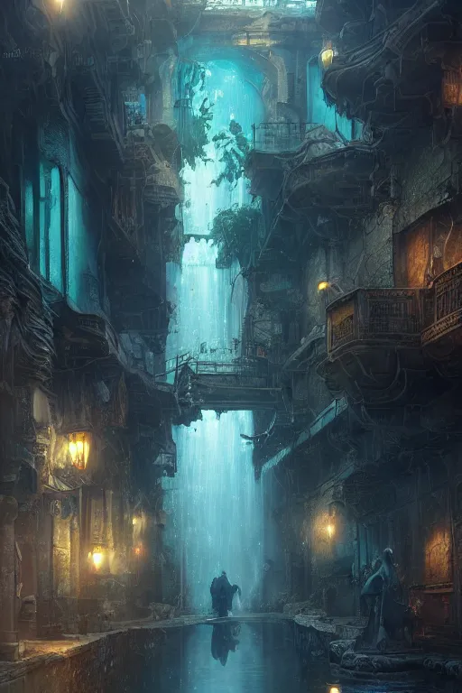 Image similar to inside the antique street of atlantis the city of water, waterfall, intricate, elegant, volumetric lighting, digital painting, highly detailed, artstation, sharp focus, illustration, concept art, ruan jia, steve mccurry