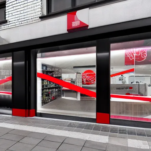 Prompt: Award winning shopfront design, convenience store, anthracite with red accents, metal, paint, textures, highly detailed, bright signage, vinyl on glazing, zaha hadid