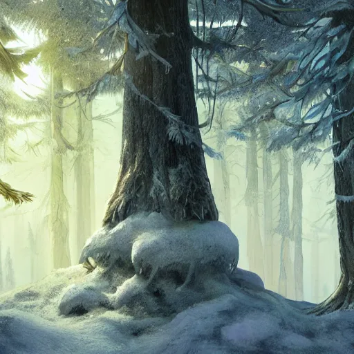 Prompt: a wizards portal in the sky above the trees of a cold winter forest, storybook illustration, octane render, detailed painting, by katherine federer, anthony pafford, harry gamboa and tracy flickinger