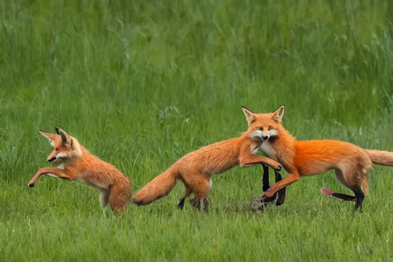 Image similar to Foxes playing in a meadow