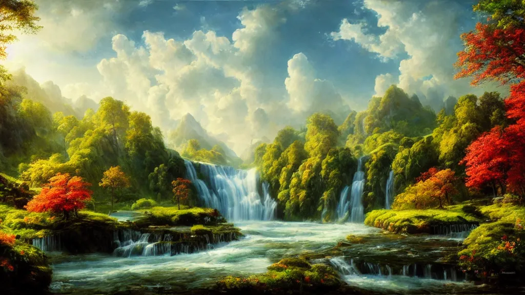 Image similar to the most beautiful panoramic landscape, oil painting, where a giant dreamy waterfall creates a river, the trees around are starting to bloom, cinematic lighting, highly detailed