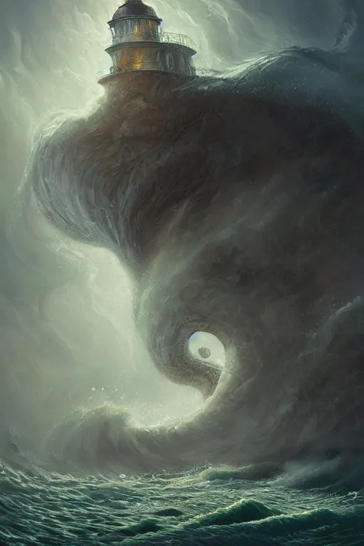 Prompt: epic scene of monstrous cthulhu rising from the stormy ocean near a dramatic coastline with lighthouse by peter mohrbacher, h p lovecraft, cthulhu, masterpiece, artstation, digital painting