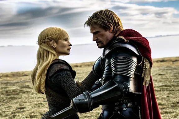 Image similar to very very intricate photorealistic photo of jaime lannister fighting cersei, photo is in focus with detailed atmospheric lighting, award - winning details