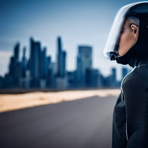 Image similar to photograph of a techwear woman, closeup, on a desert road with a futuristic city in the horizon, long exposure, sigma 85mm f/1.4, 4k, depth of field, high resolution, 4k, 8k, hd, full color