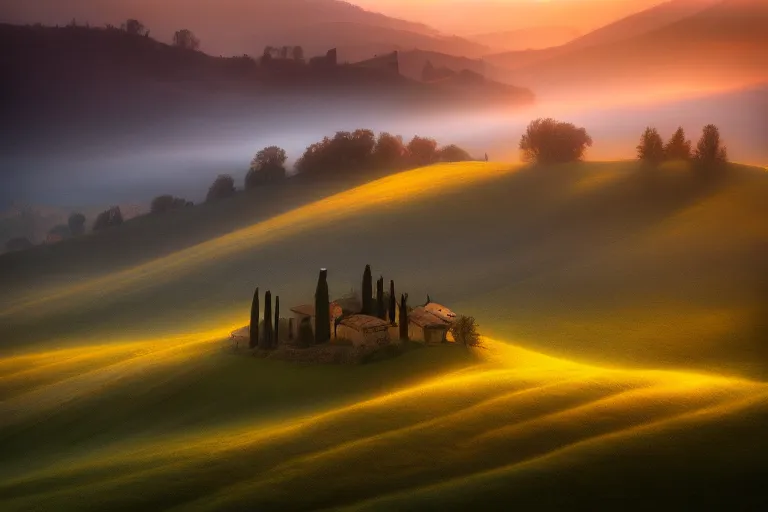 Image similar to moody landscape photography by marc adamus, mist, sunset, hills, tuscany, beautiful