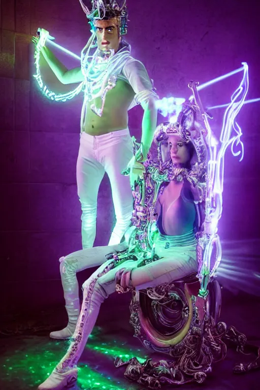 Prompt: full-body rococo and cyberpunk style neon statue of a young attractive Darren Criss macho dotado e rico android sim roupa reclining con las piernas abertas e la piroca dura, glowing white lasers, glowing eyes, silver prince crown, silver steampunk gears, white diamonds, swirling mint-colored silk fabric. futuristic elements. ethereal white dripping tar. full-length view. space robots. human skulls. large white balloon animals. intricate artwork by caravaggio. Trending on artstation, octane render, cinematic lighting from the right, hyper realism, octane render, 8k, depth of field, 3D