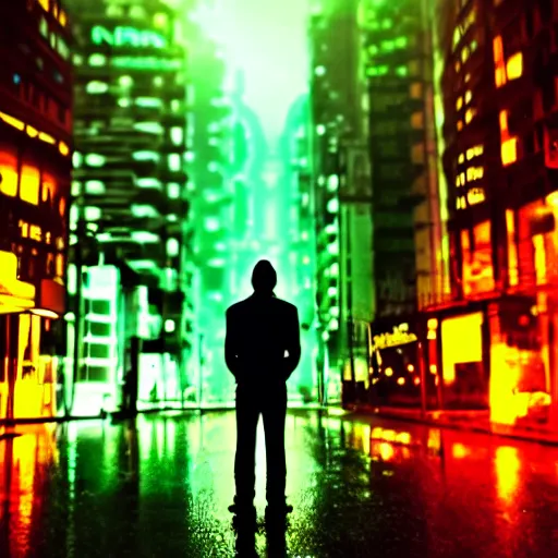 Prompt: one man silhouette standing in front of a cyberperunk city, neon lights, night, rain, very beautiful, trending on deviantart,