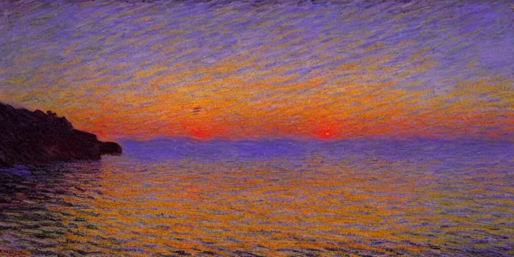 Image similar to a beautiful mexican coast in a sunset, dramatic lighting, painted by claude monet