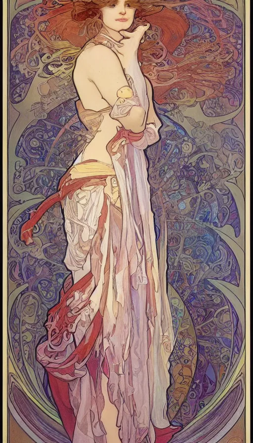 Prompt: fantasy art by Alfons Mucha,beautiful,high quality,masterpiece,incredible,pretty,gorgeous,stunning,appealing,4k,detailed,intricate,fullbody,full body,face