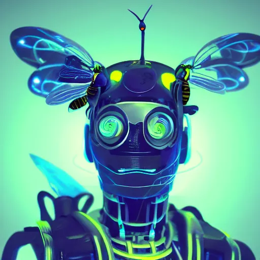 Prompt: cyberpunk bee, robotic, neon, realistic, insect, 8k, trending on artstation