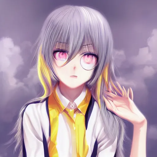 Image similar to advanced digital anime art, female teen with red eyes and blonde / yellow hair that is to neck length wearing a dark grey school outfit. drawn by Shikamimi, WLOP,rossdraws