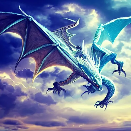 Image similar to A detailed and beautiful dragon flying surrounded by clouds and lightning in the sky with wings spread wide, 8k, hyper realistic