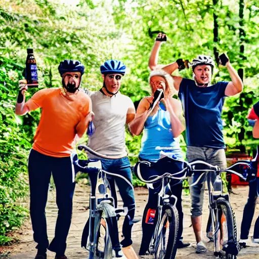 Prompt: bicycle crew drinking beer